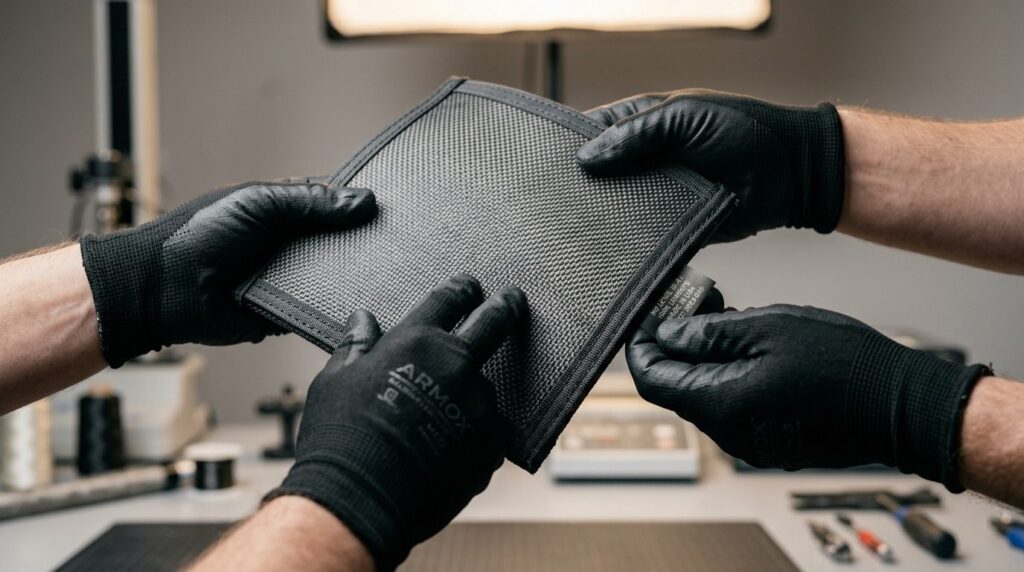 Close-up detail shot of advanced ballistic protection panel 