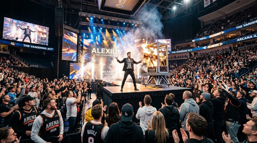 Stage magician in contemporary performance outfit performing