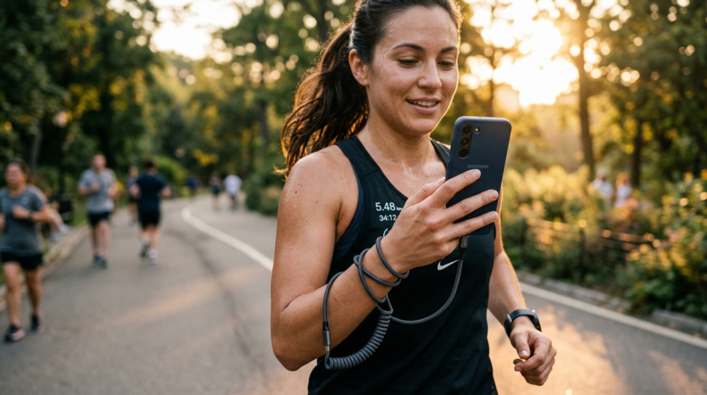Close-up lifestyle shot of a woman in active wear holding a