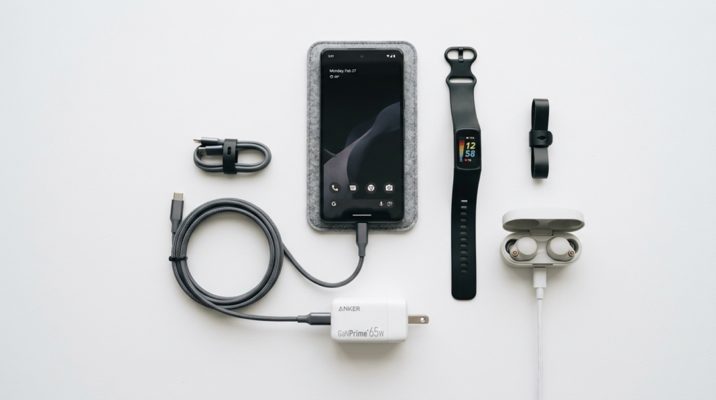 Flat lay composition of charging accessories for mobile devi