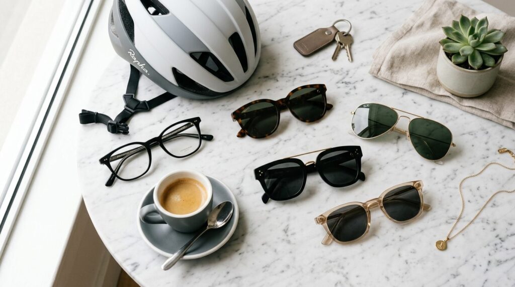 High-end photorealistic stock photo, 16:9 ratio. Flatlay com