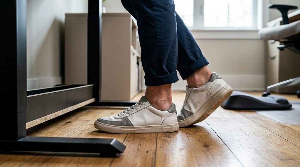 Close-up photorealistic shot of a mans feet and lower legs 