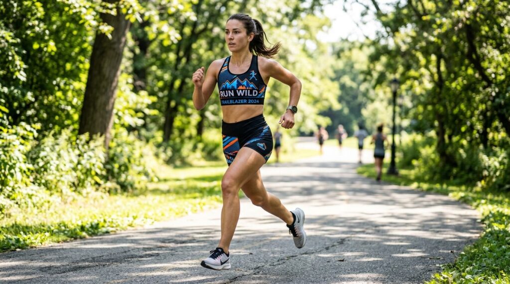 Action shot of a female runner wearing custom DTF-printed sp