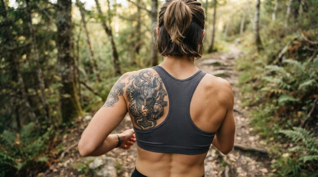 Photorealistic stock image, 16:9, overhead view of a runner