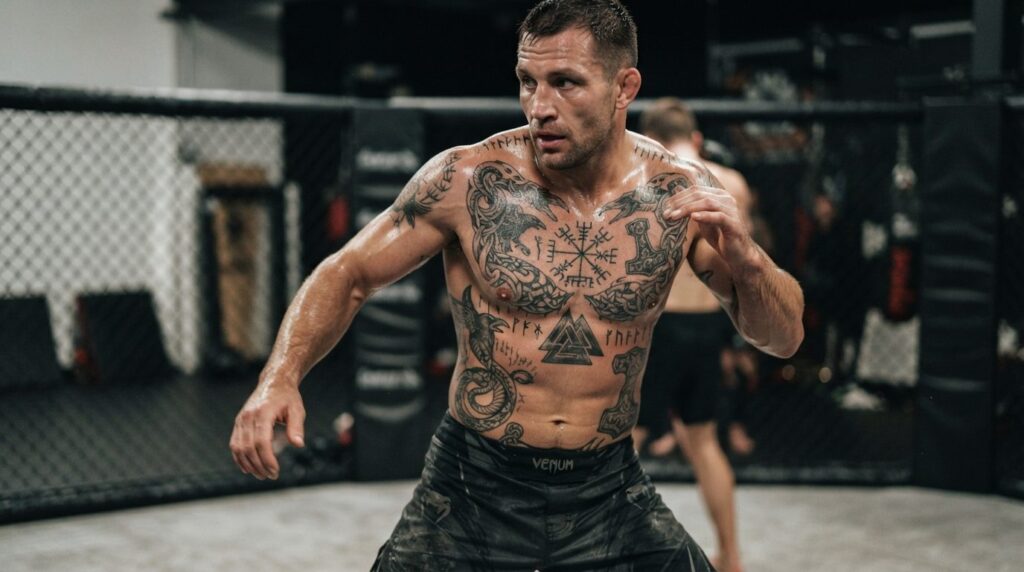 Professional stock photo, 16:9 format, MMA fighters tattooe