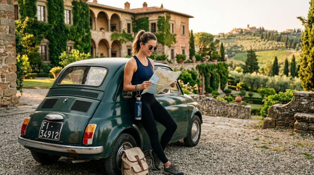 Close-up of a fit female traveler in premium sportswear and 