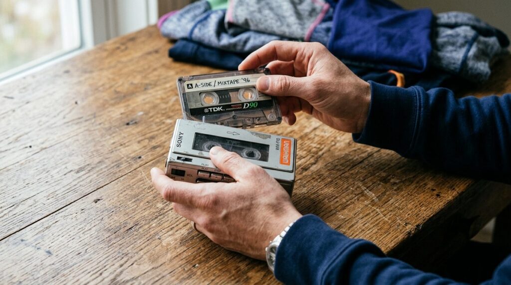 Close-up detail shot of hands holding a vintage cassette tap