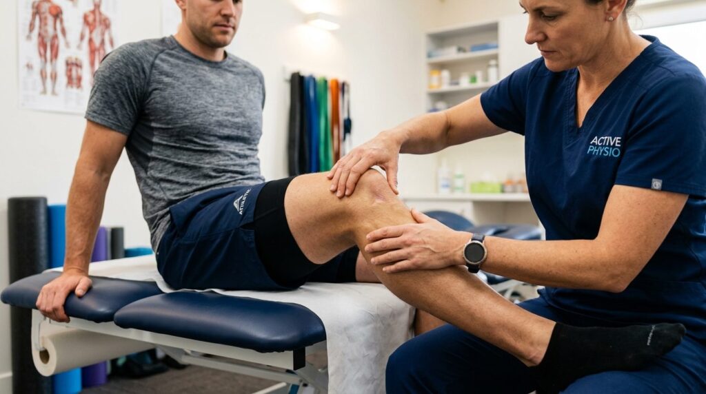 Close-up of a sports physiotherapists hands examining and a