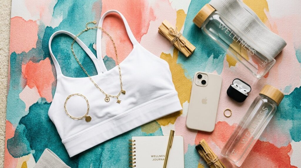 Flat-lay lifestyle composition featuring a gold paperclip ch