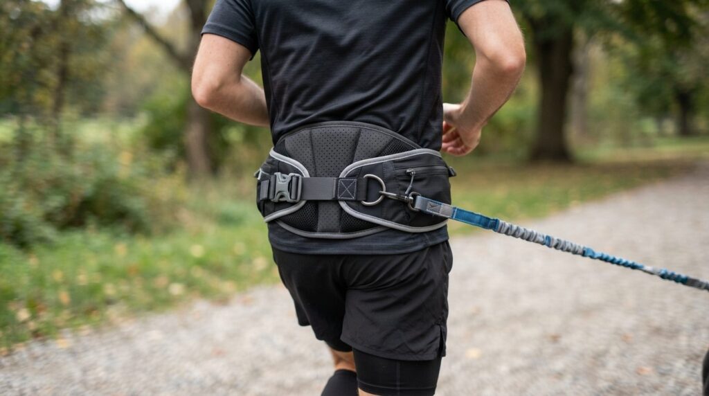 Close-up photorealistic detail shot of a runner wearing a sp