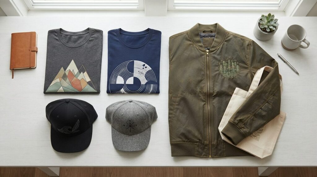 Close-up flatlay of premium promotional merchandise items in