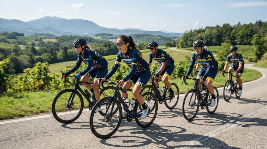 Active lifestyle scene of cyclists in matching team uniforms