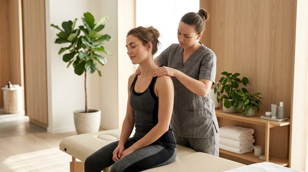 Active woman in stylish athletic wear sitting on massage tab