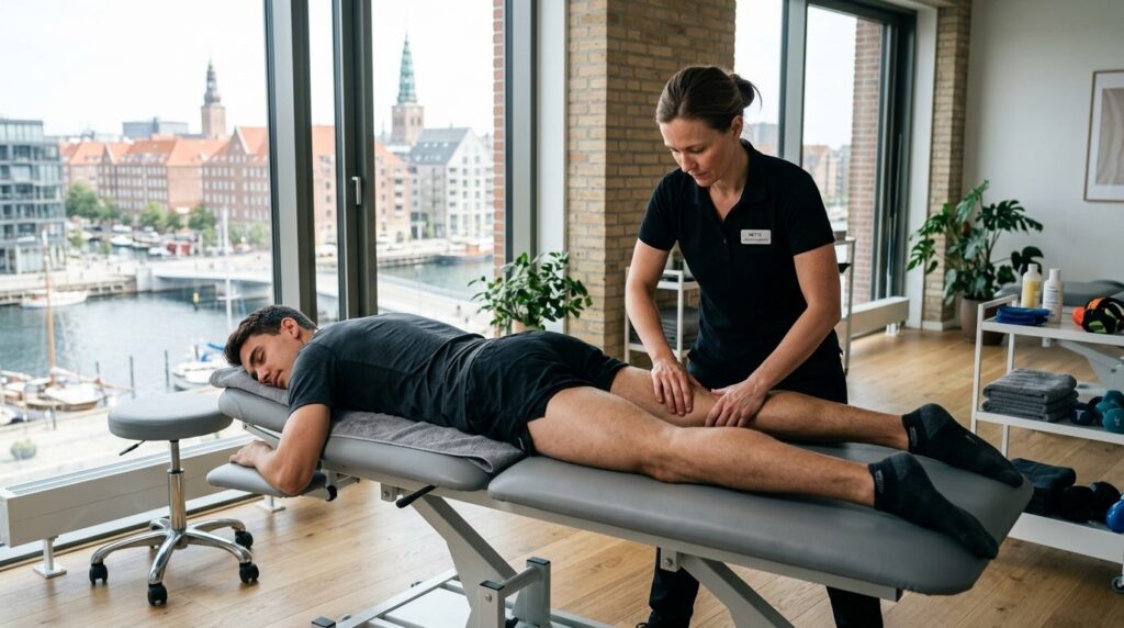 Young athletic male runner in gym clothes relaxing on massag