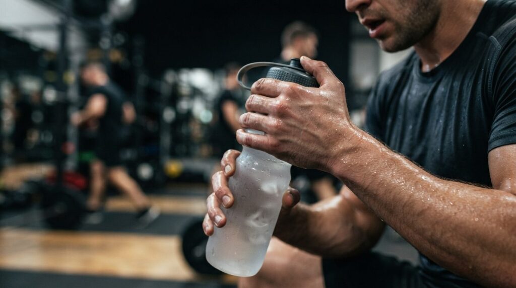 Close-up of athletes hands holding water bottle during inte