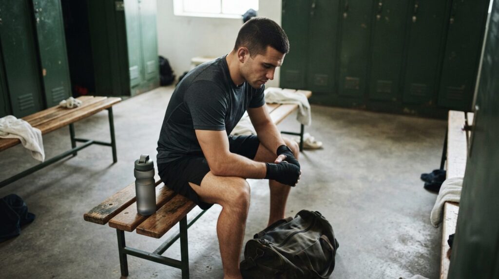 Overhead view of combat sports athlete in training gear sitt