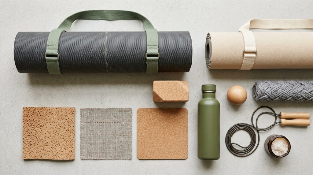 Flat lay detail shot of yoga mat materials and accessories f
